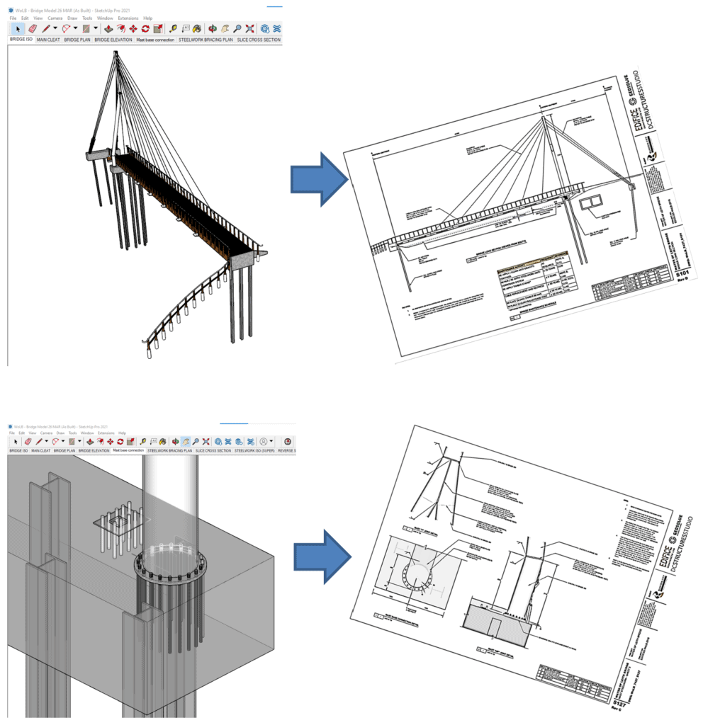 Water of Leith Cable Stayed Footbridge - NZ AWARD - 3D model to 2D drawings